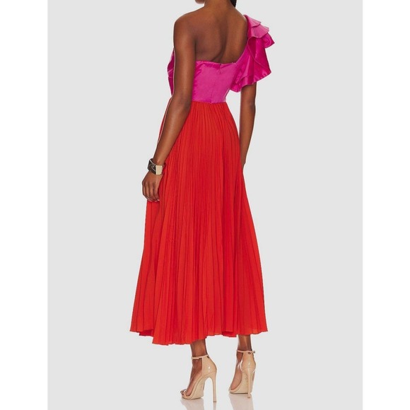 AMUR Cleopatra Pleated One Shoulder Ruffle Maxi Dress Pink Red Women's Size 2 - Picture 3 of 16